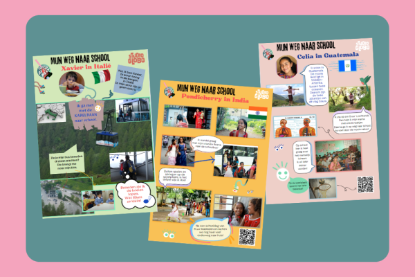 Hier zie je drie van de acht posters in miniformaat op roze en groene achtergrond.